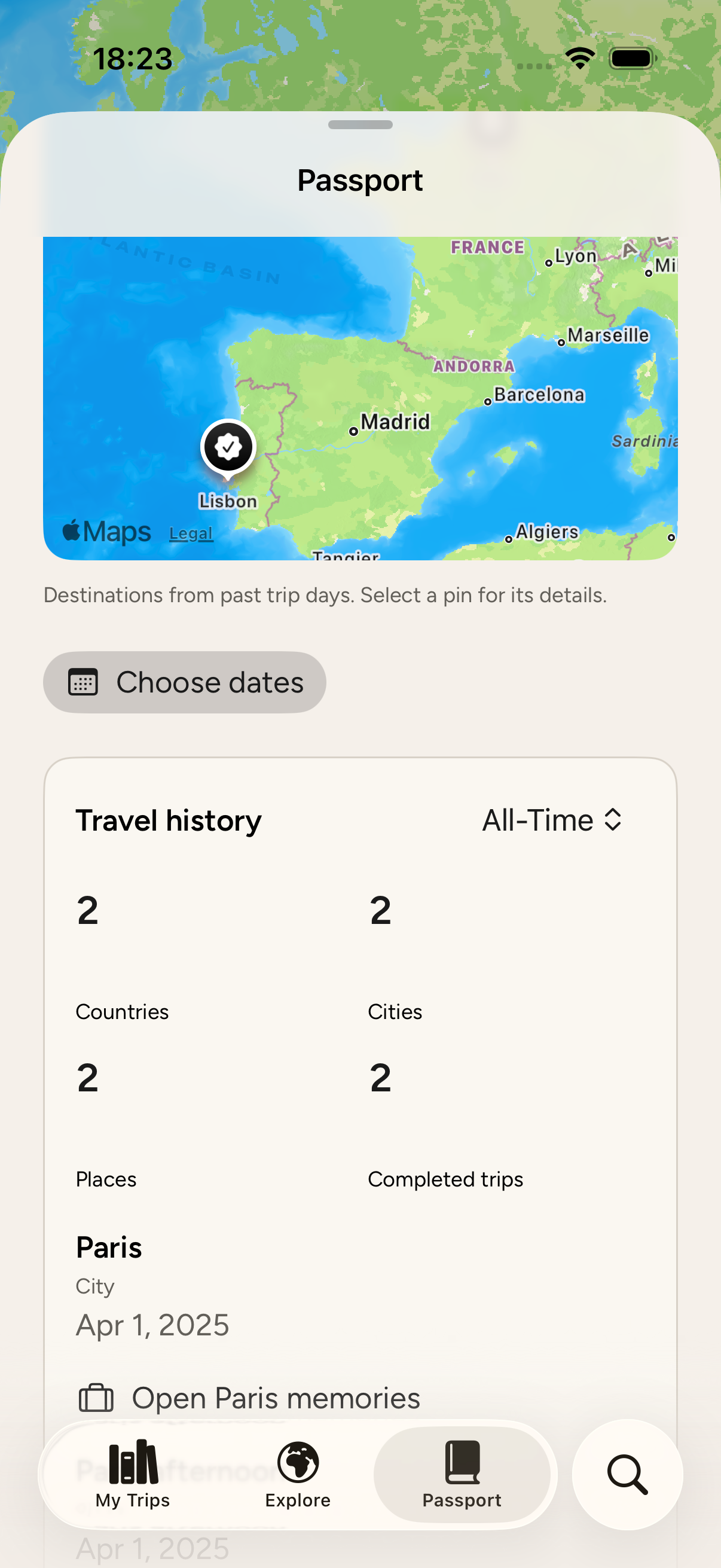 Wayvie Passport with a travel map and history populated from past dated trips.