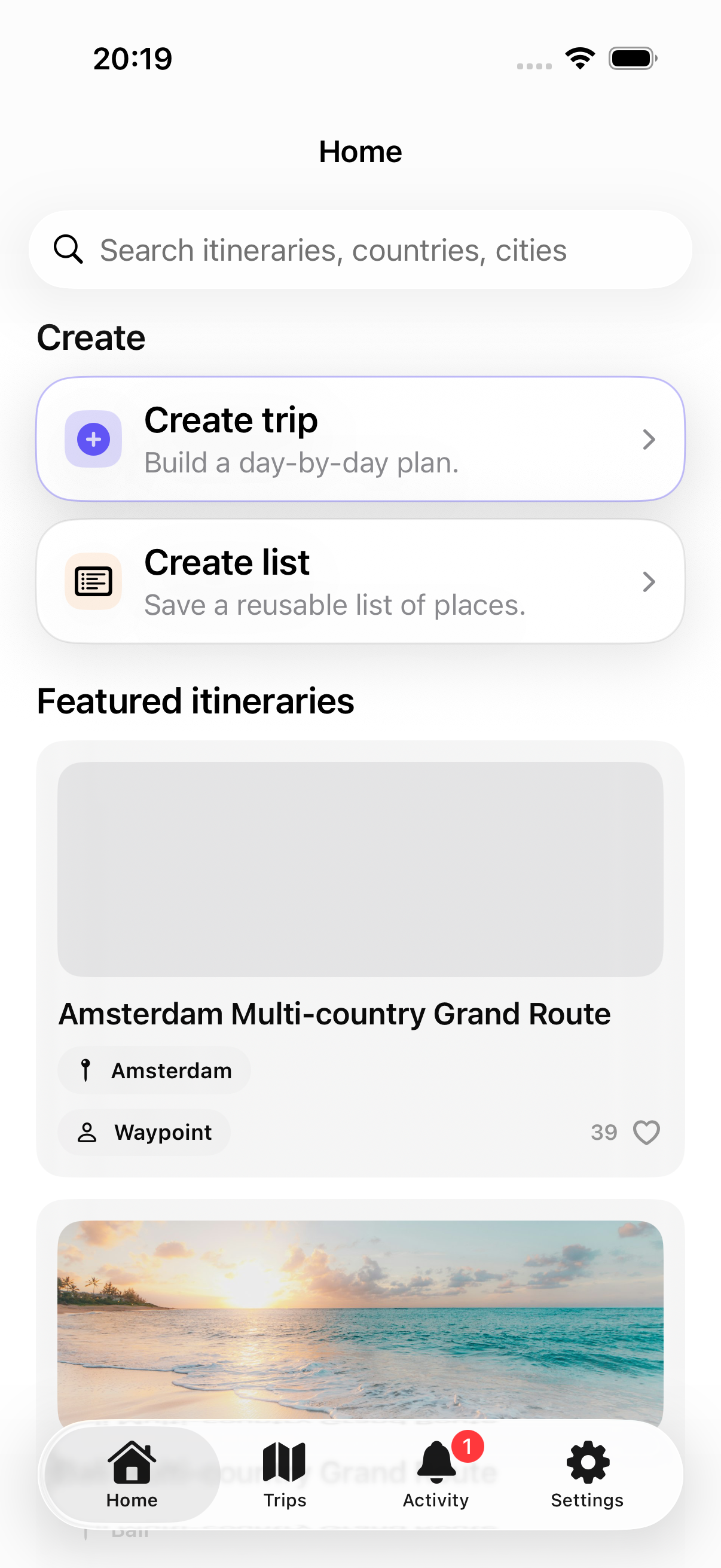 Waypoint home screen showing featured itineraries, a search bar, and quick actions for creating a trip or list.