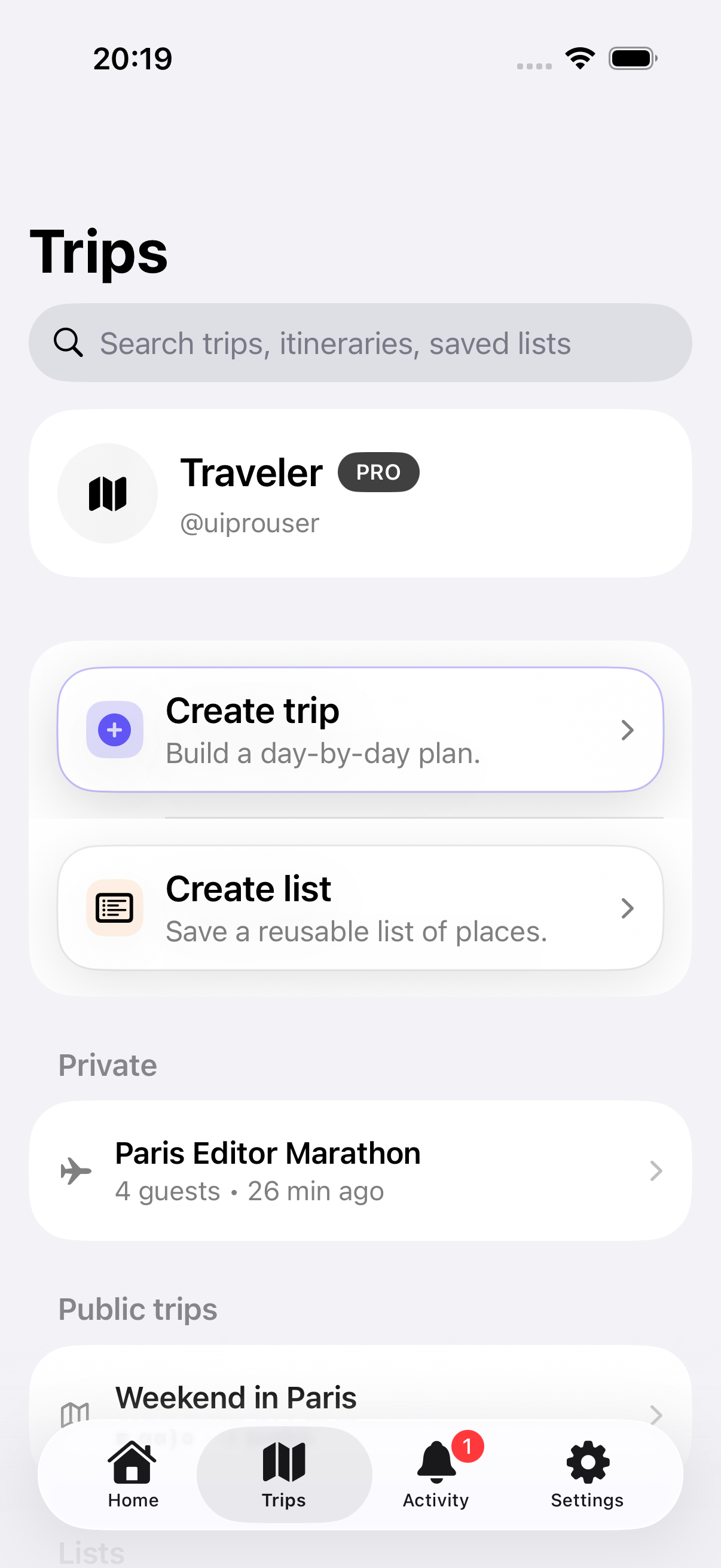 Waypoint trips screen showing private trips, collaboration state, and primary create actions.
