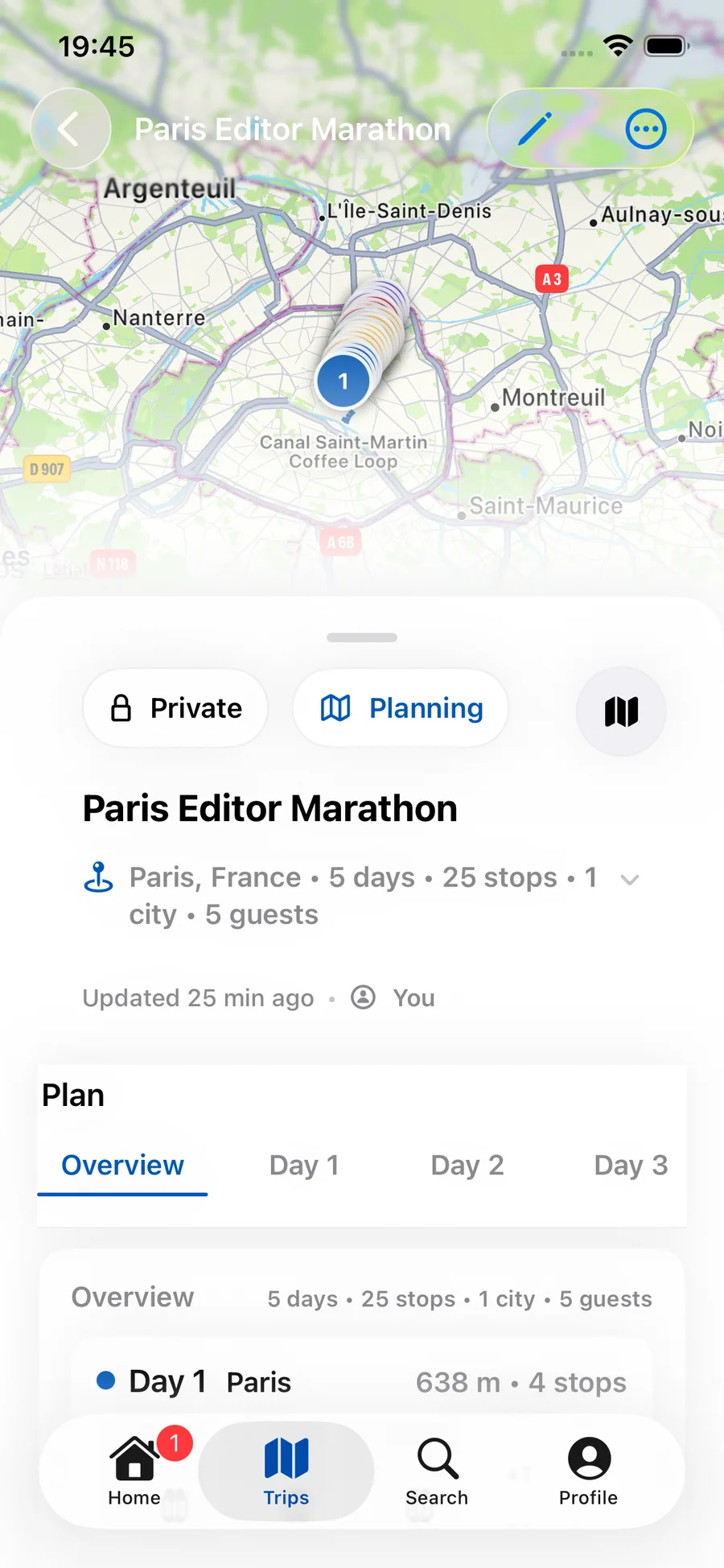 Waypoint trip detail showing a Paris route map, privacy state, day plan, stops, and trip members.