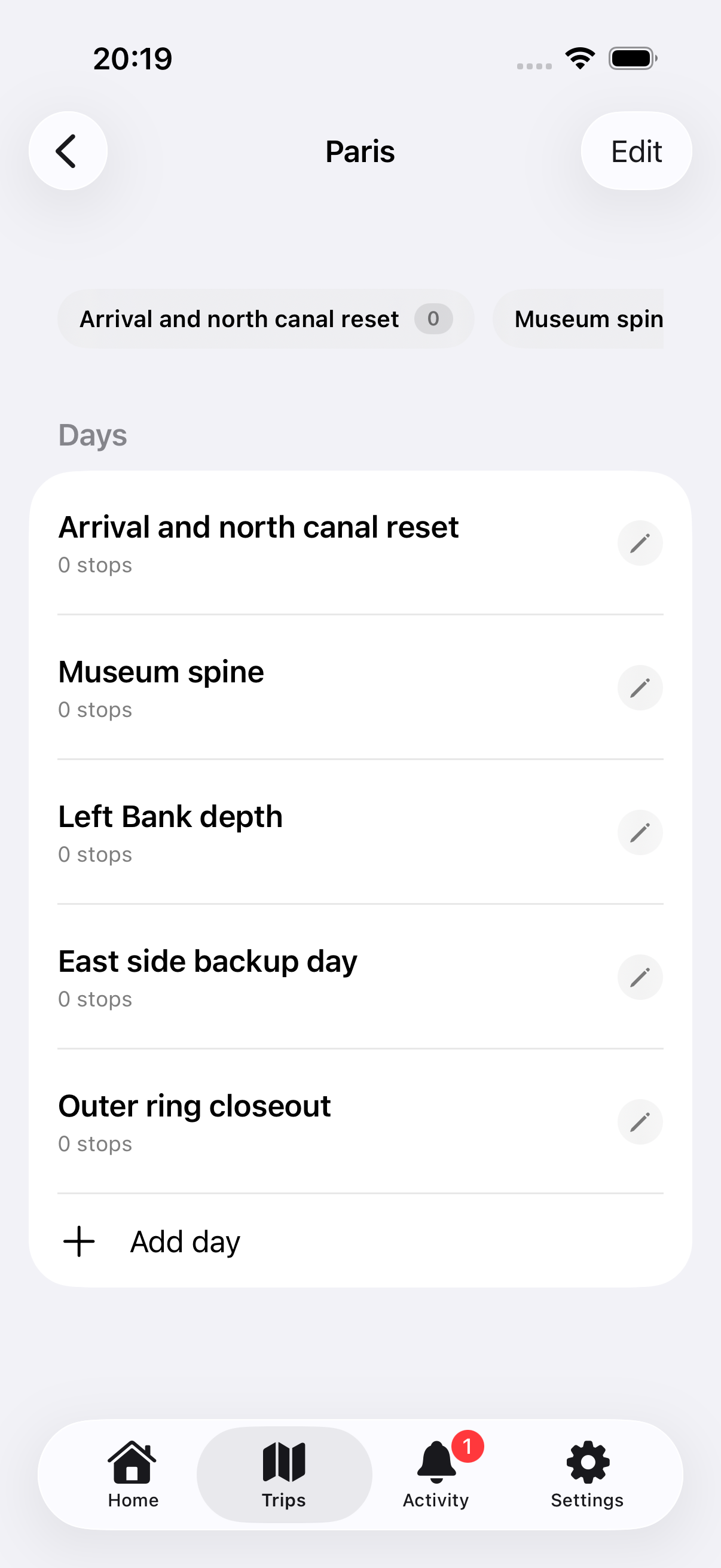 Waypoint trip planner showing days within a trip and a clear action for adding another day.