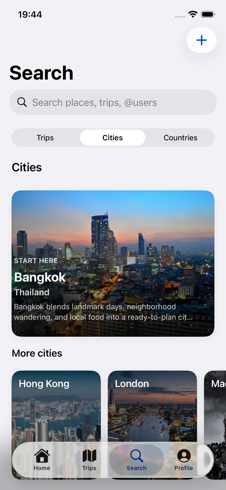 Waypoint Search showing a featured Bangkok city guide and more destinations to explore.