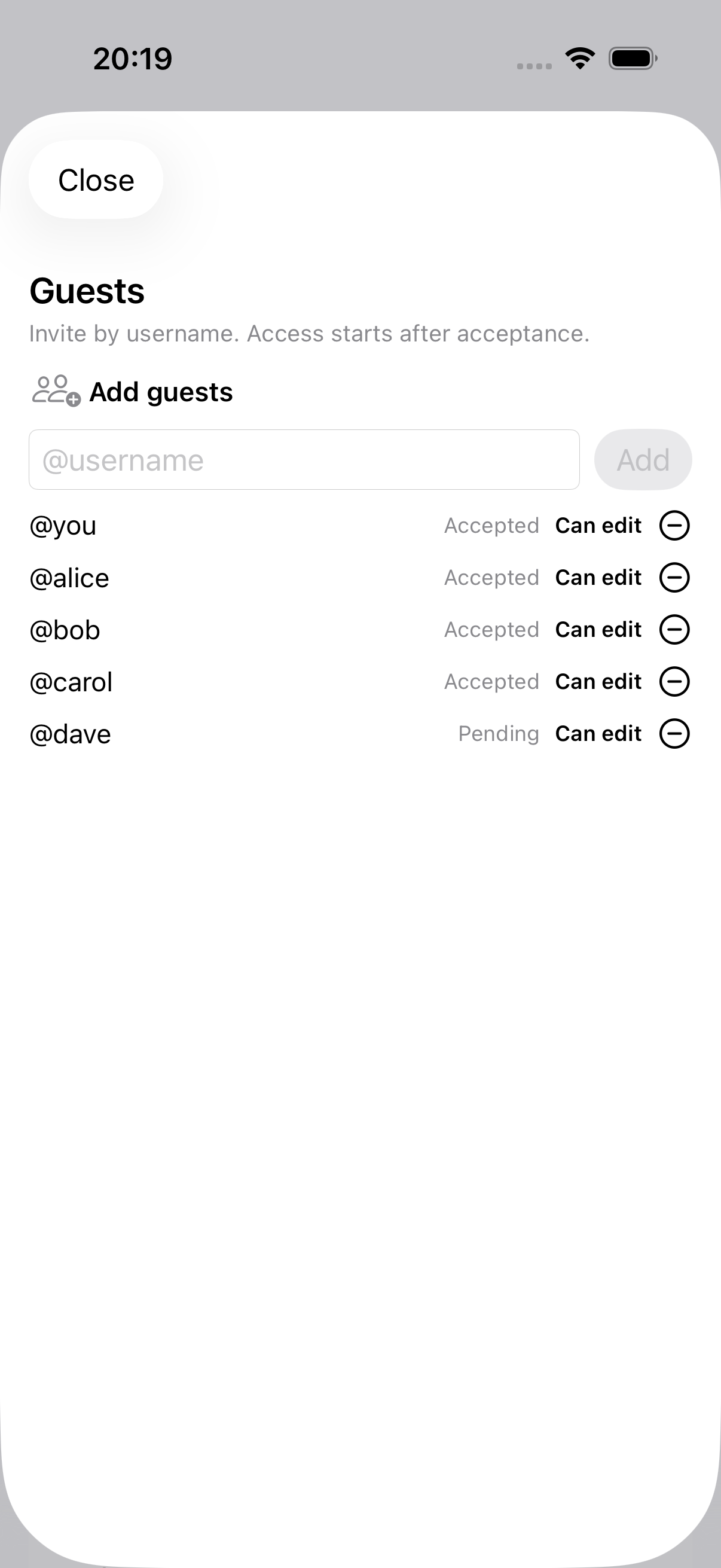 Waypoint collaboration sheet showing guest invitations, roles, and accepted or pending members.