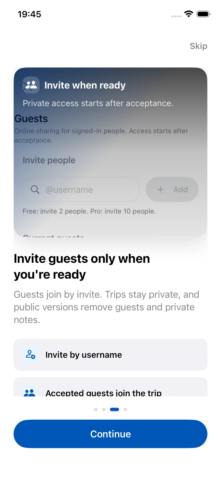 Waypoint collaboration onboarding explaining private invitations and accepted trip-member access.